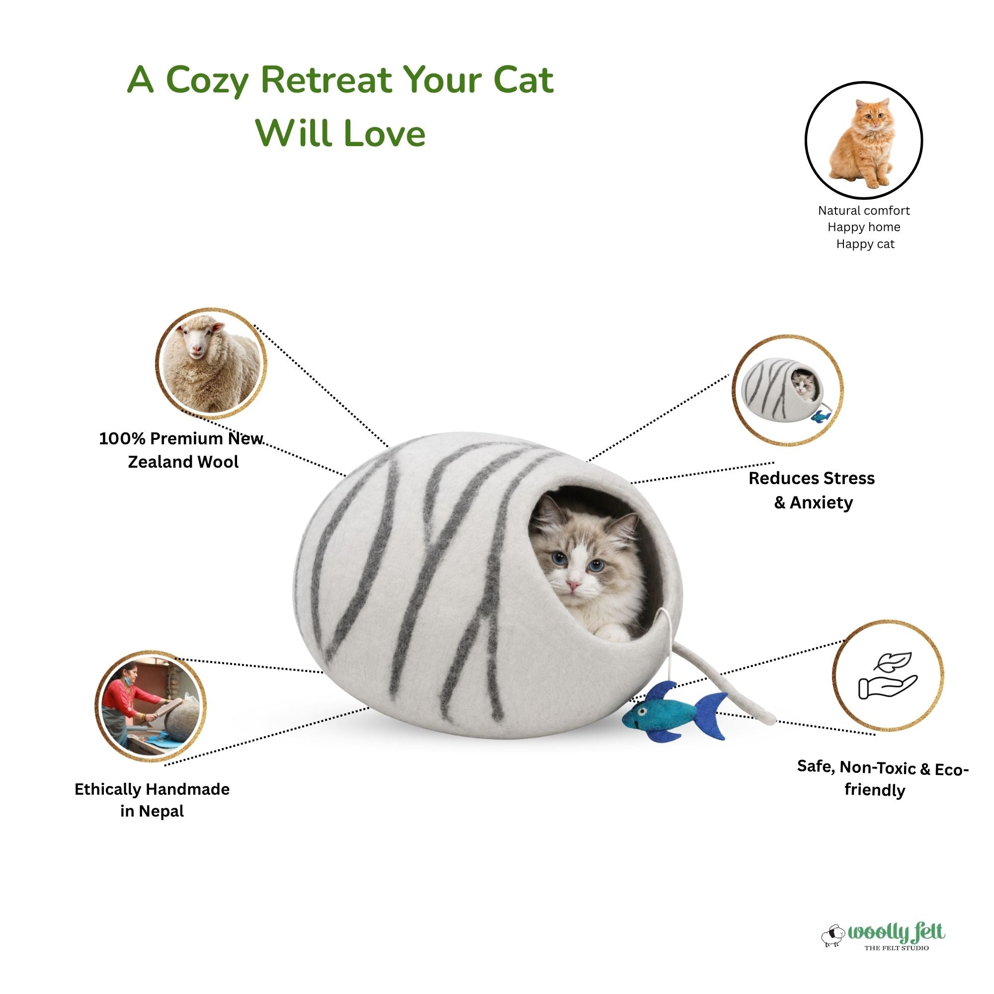 Wool Cat Cave – Grey Round Bed with Black Stripes