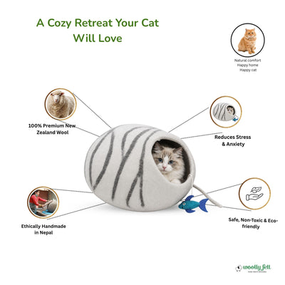 Wool Cat Cave – Grey Round Bed with Black Stripes