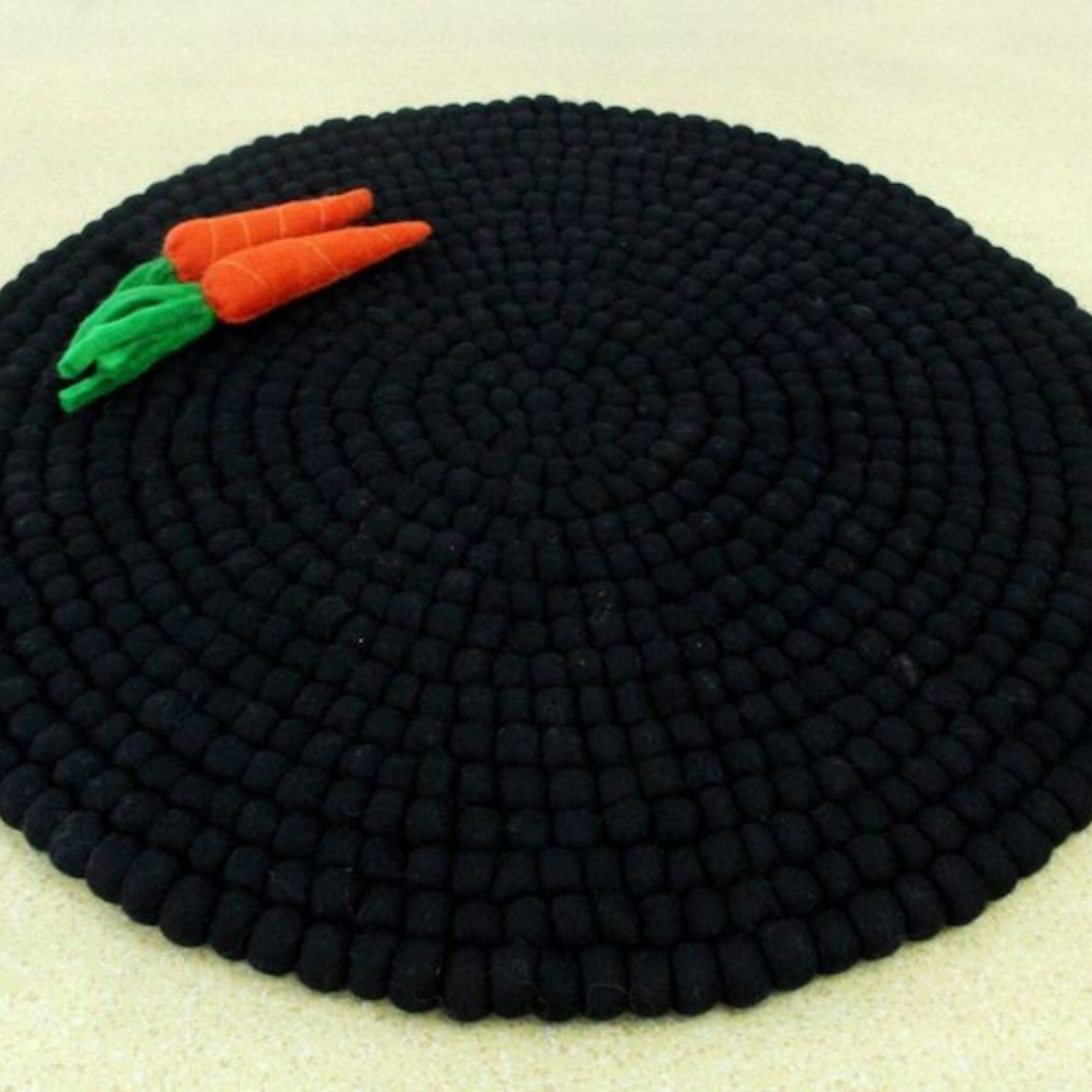 Tapis rond en laine unie noire fait main