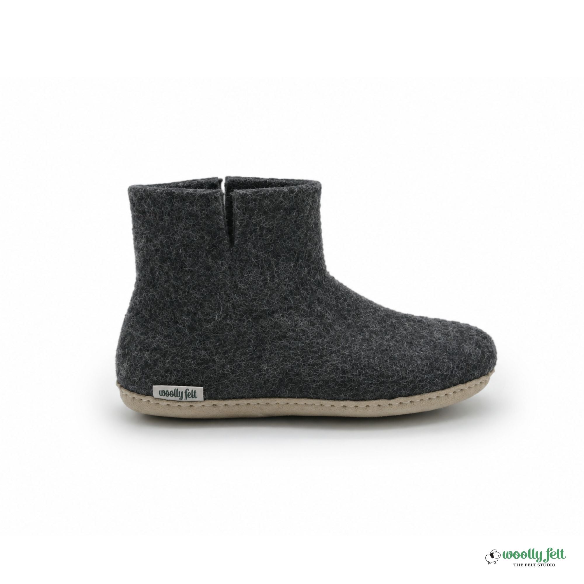 Charcoal Grey Handmade Wool Felt Indoor Boot with Leather Sole