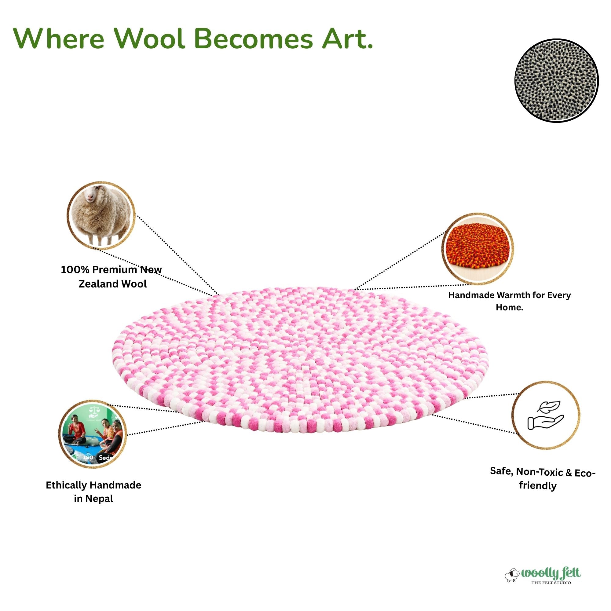 Handmade Pink Tone Felt Ball Wool Round Area Rug