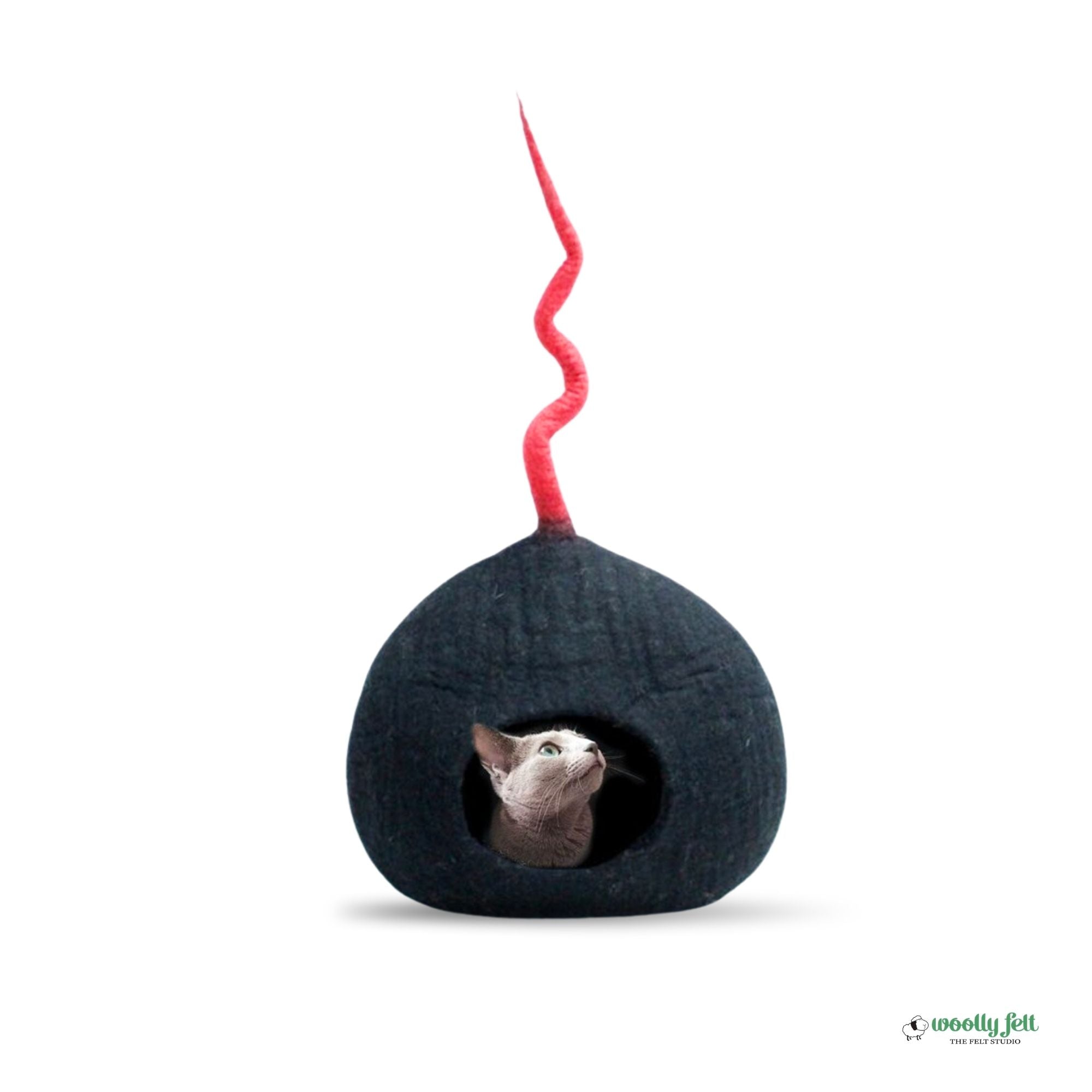 Black Felt Cat Cave with Red Tail Wool Cat Bed Cat Pod