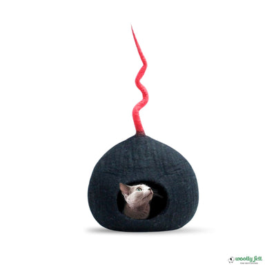 Niche pour chat en feutre noir avec queue rouge, lit douillet pour chat, pod pour chat