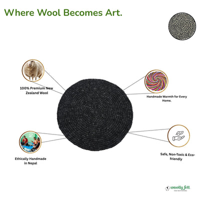 Handmade Charcoal Gray Felt Ball Wool Round Area Rug