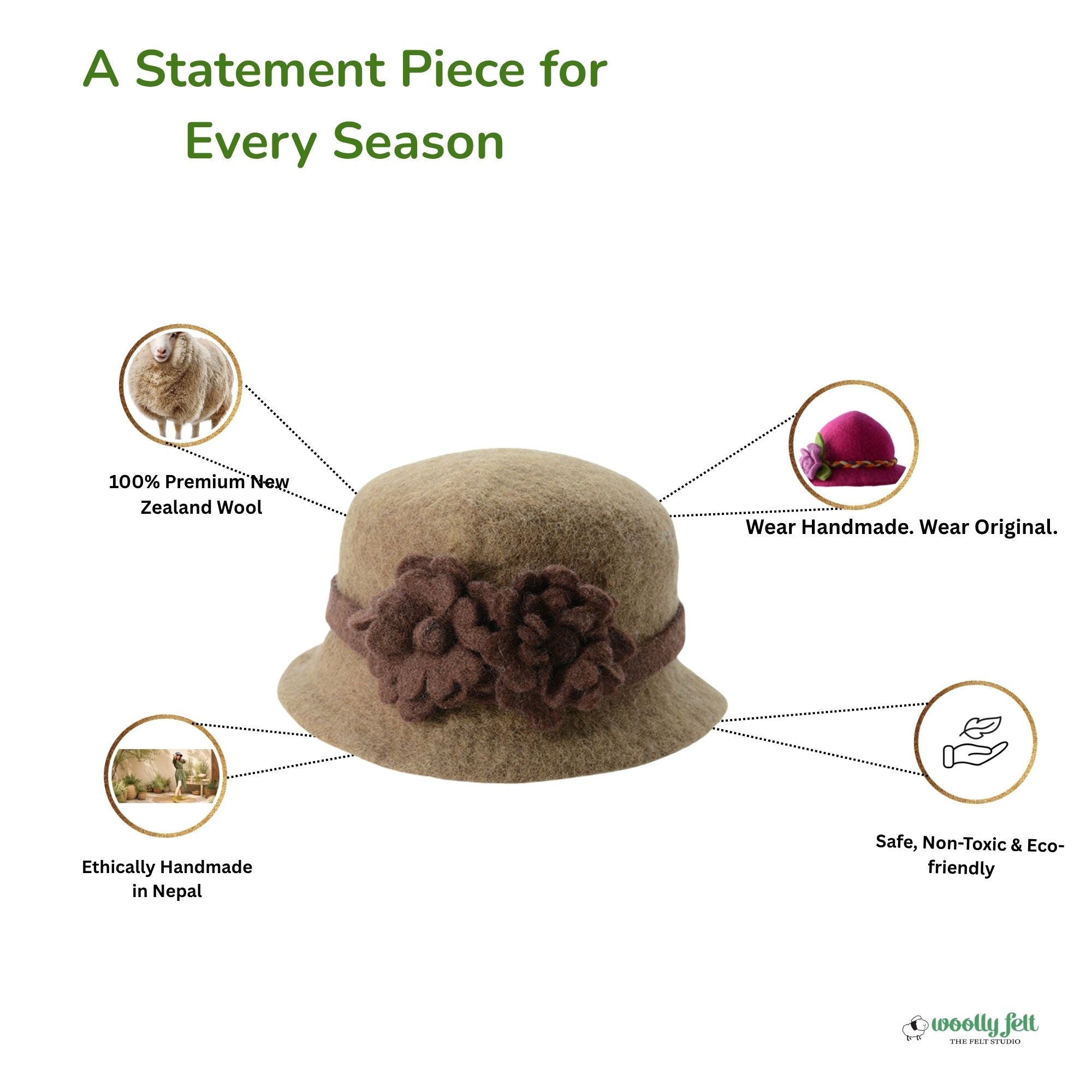 Unique Brown Wool Felt Hat with Flower Accent