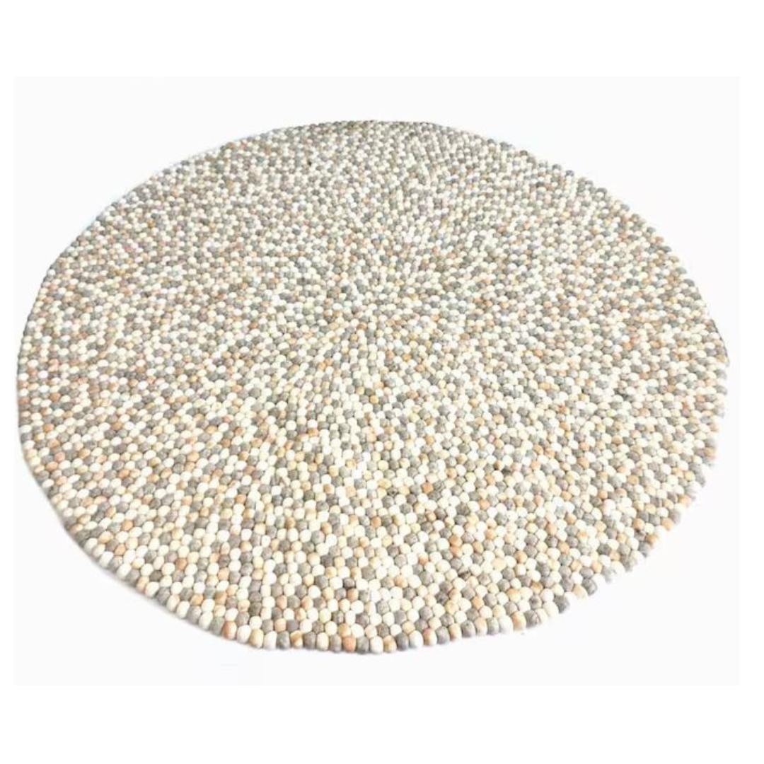Tapis rond en laine feutrée à boules, fait main, de couleur neutre