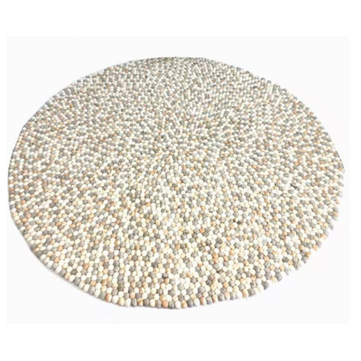 Tapis rond en laine feutrée à boules, fait main, de couleur neutre
