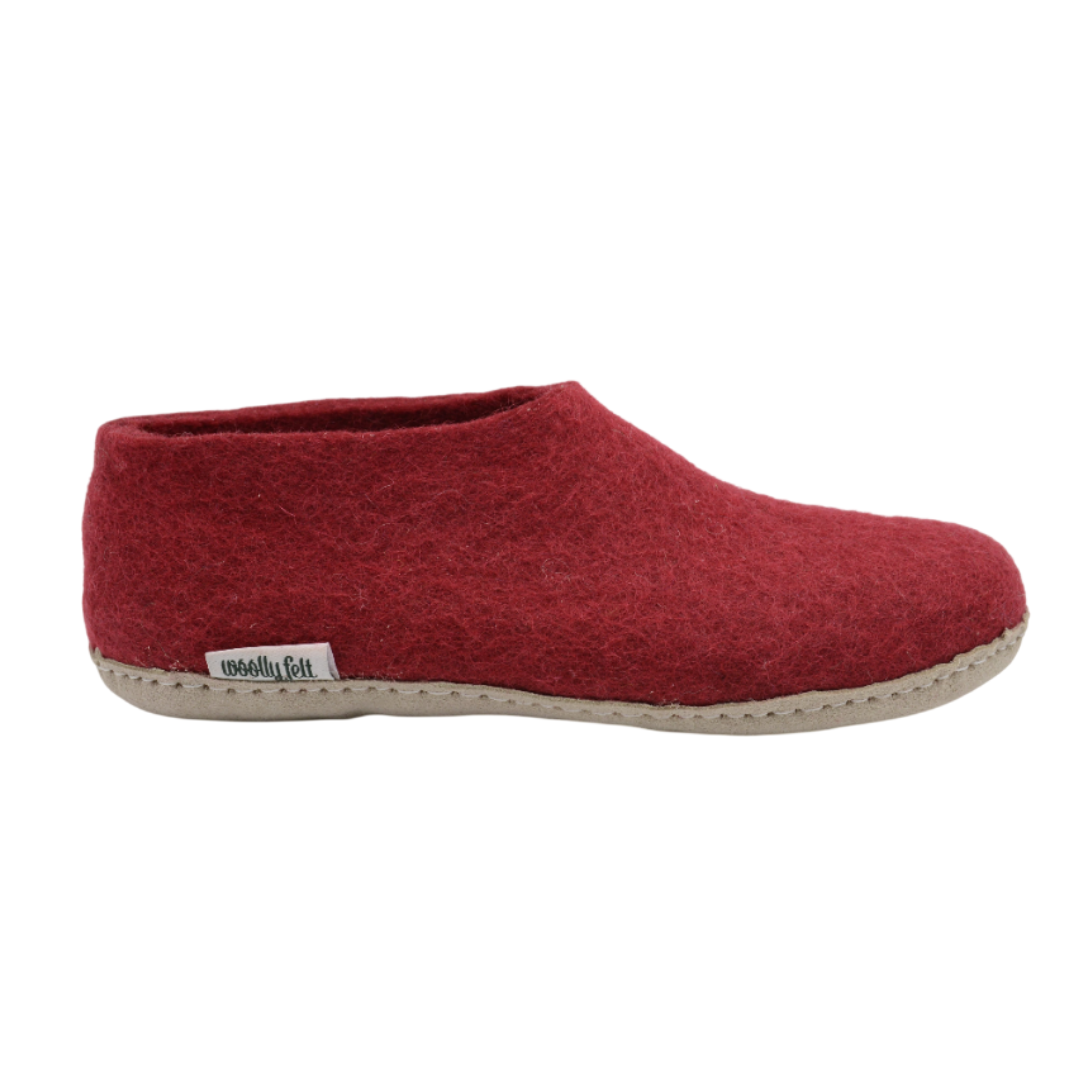 Maroon Handmade Wool Felt Indoor Shoes with Leather Sole