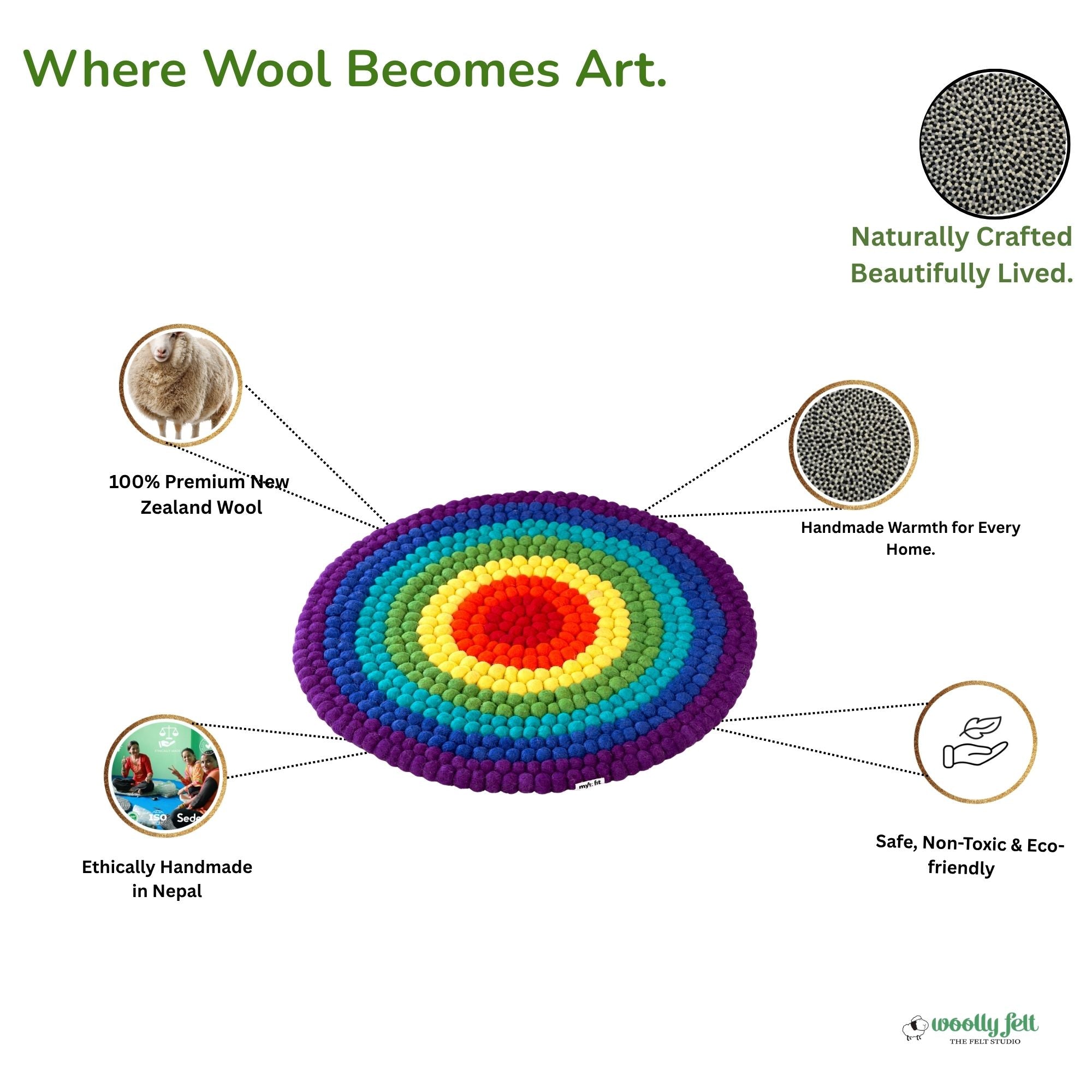 Handmade Seven Chakra Felt Ball Wool Round Area Rug