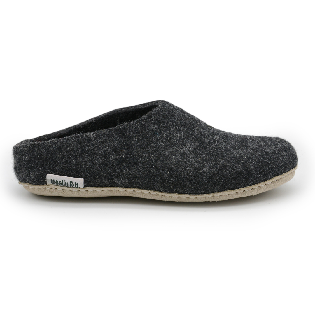 Charcoal Grey Handmade Wool Felt Indoor Slipper with Leather Sole