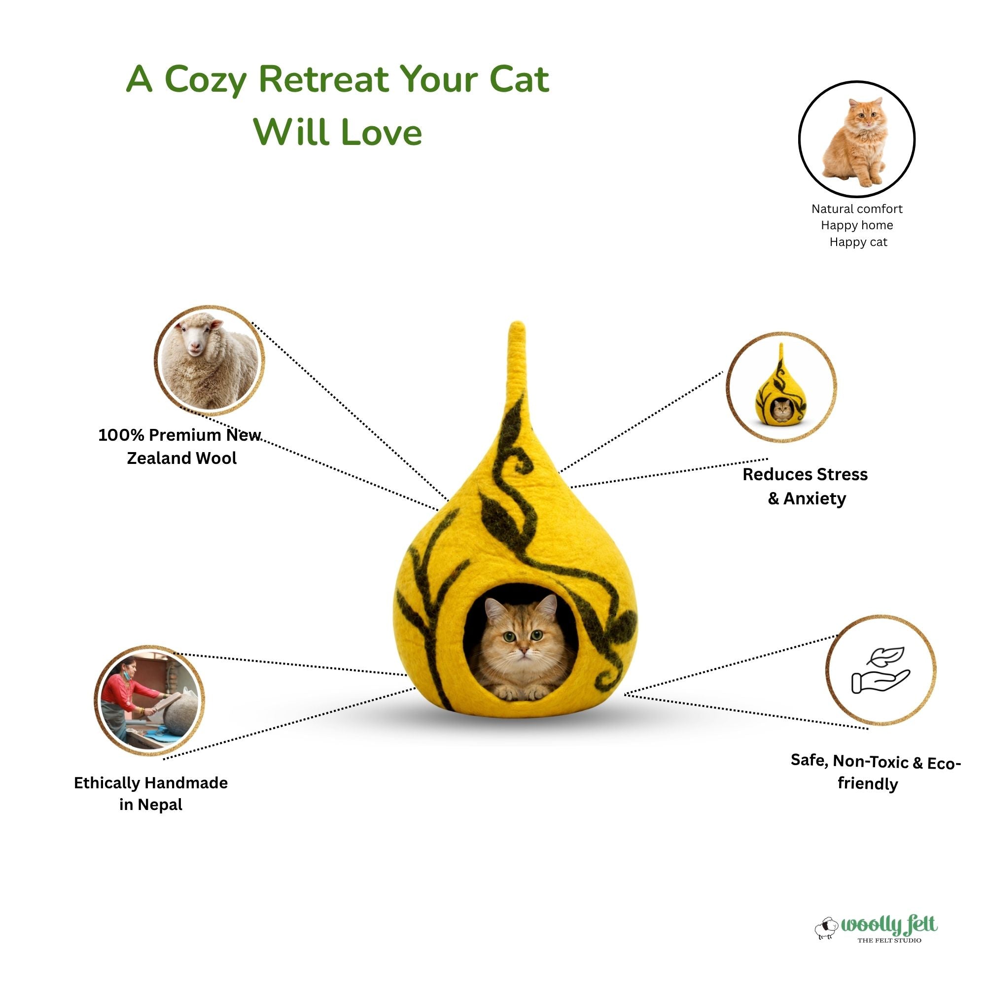 Yellow Felt Cat Cave – Modern Pet Bed with Black Flower Design