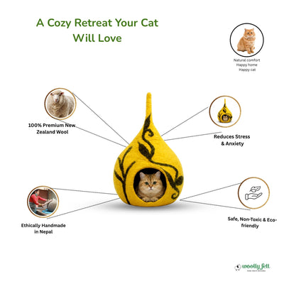 Yellow Felt Cat Cave – Modern Pet Bed with Black Flower Design
