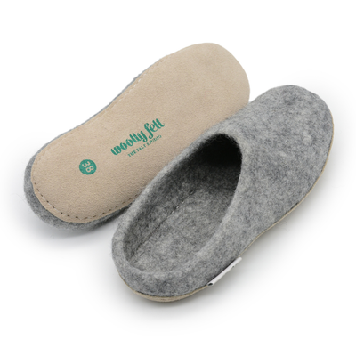 Natural Grey Handmade Wool Felt Indoor Slipper with Leather Sole