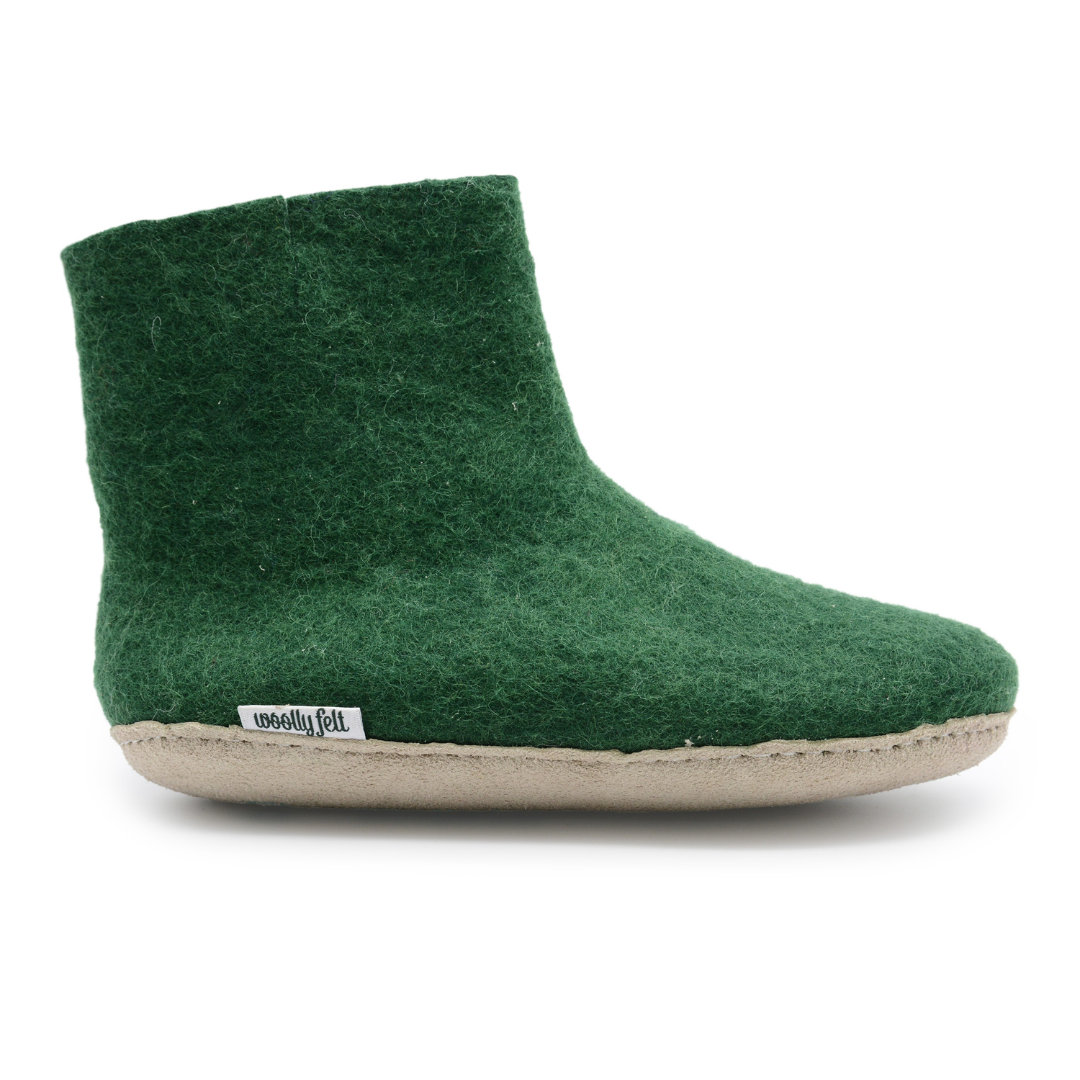 Forest Green Handmade Wool Felt Indoor Boot with Leather Sole