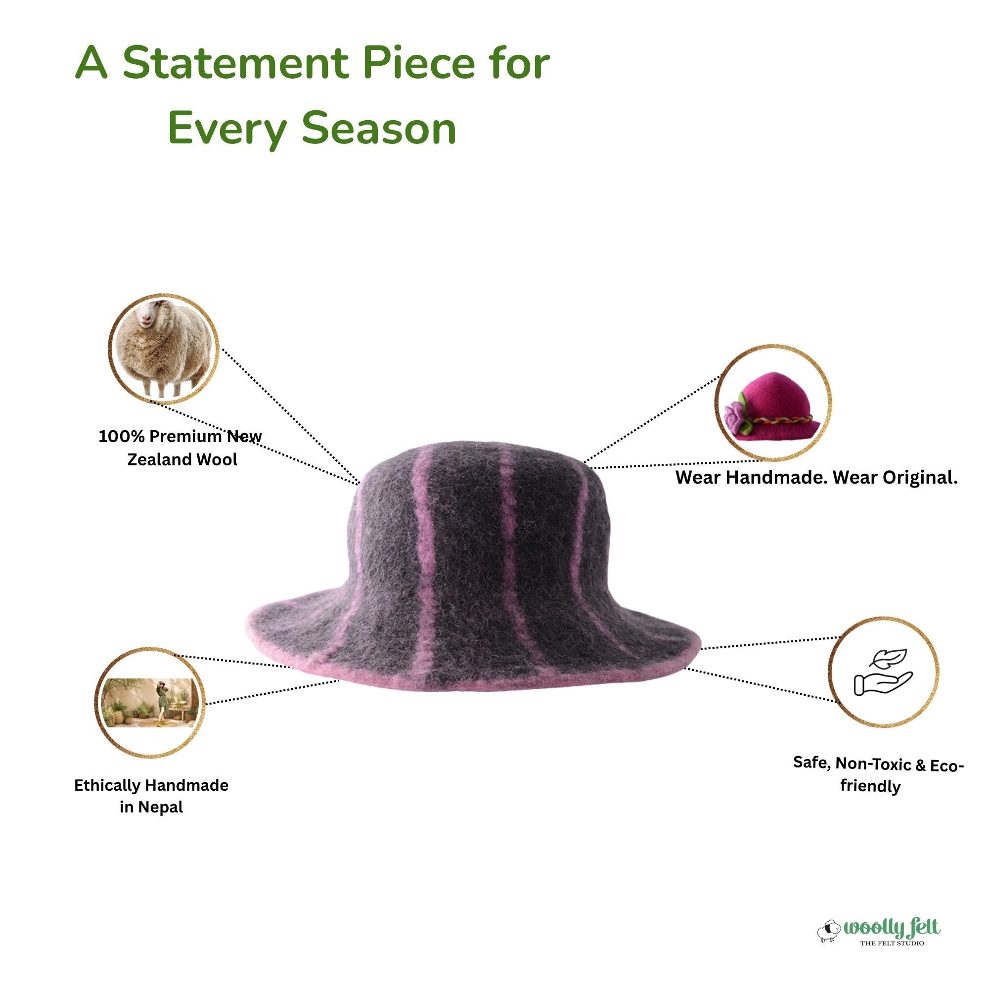 Élégant chapeau en feutre de laine violet avec doublure rose
