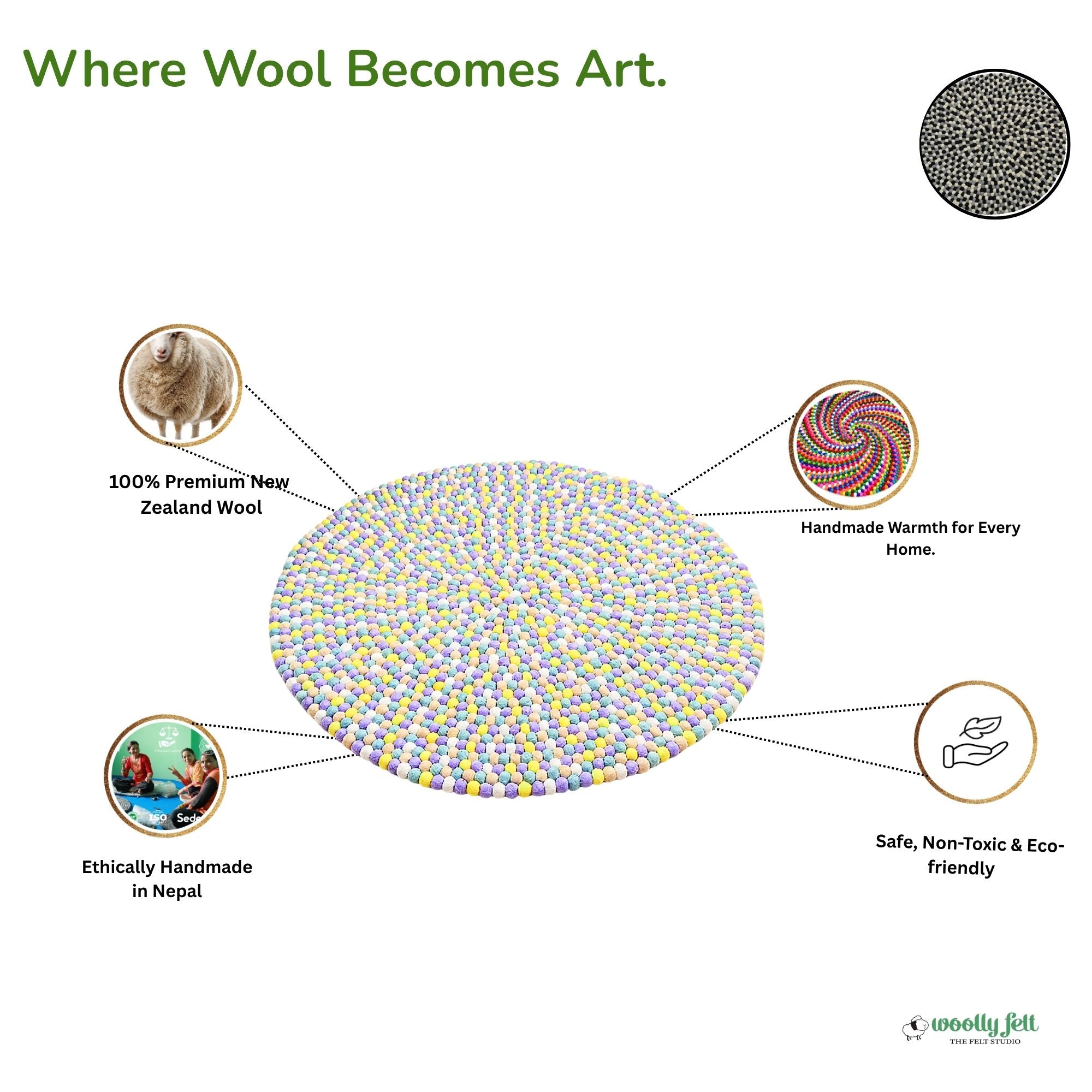 Handmade Pastel Felt Ball Wool Round Area Rug