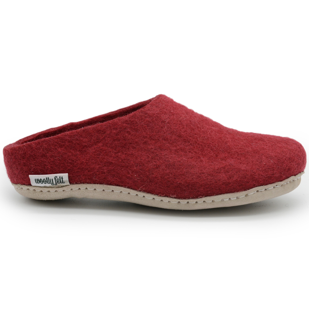 Maroon Handmade Wool Felt Indoor Slipper with Leather Sole