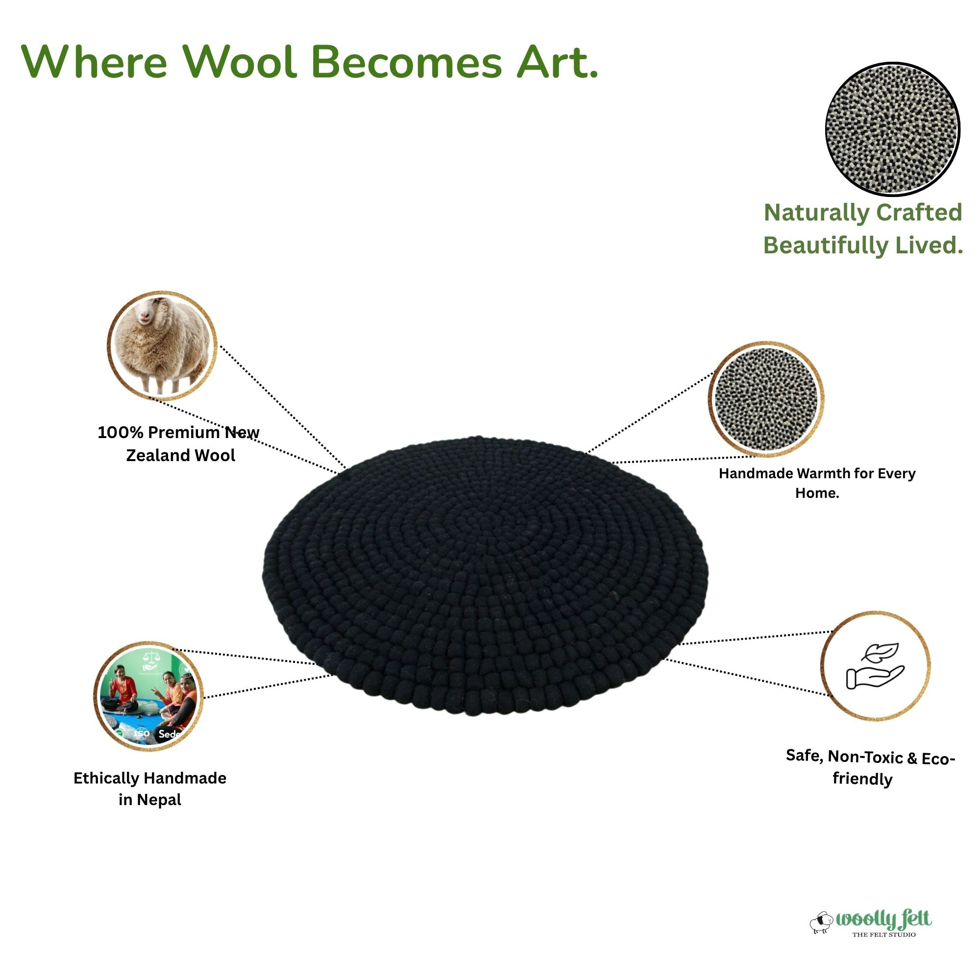 Handmade Solid Black Wool Round Area Rug