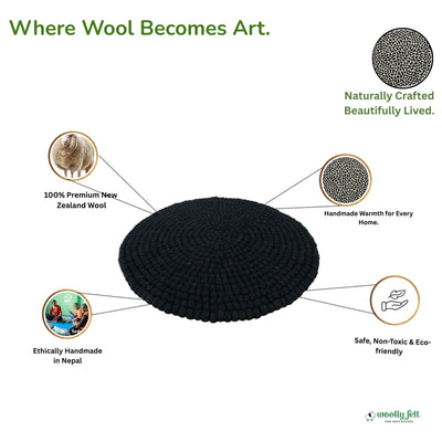 Handmade Solid Black Wool Round Area Rug