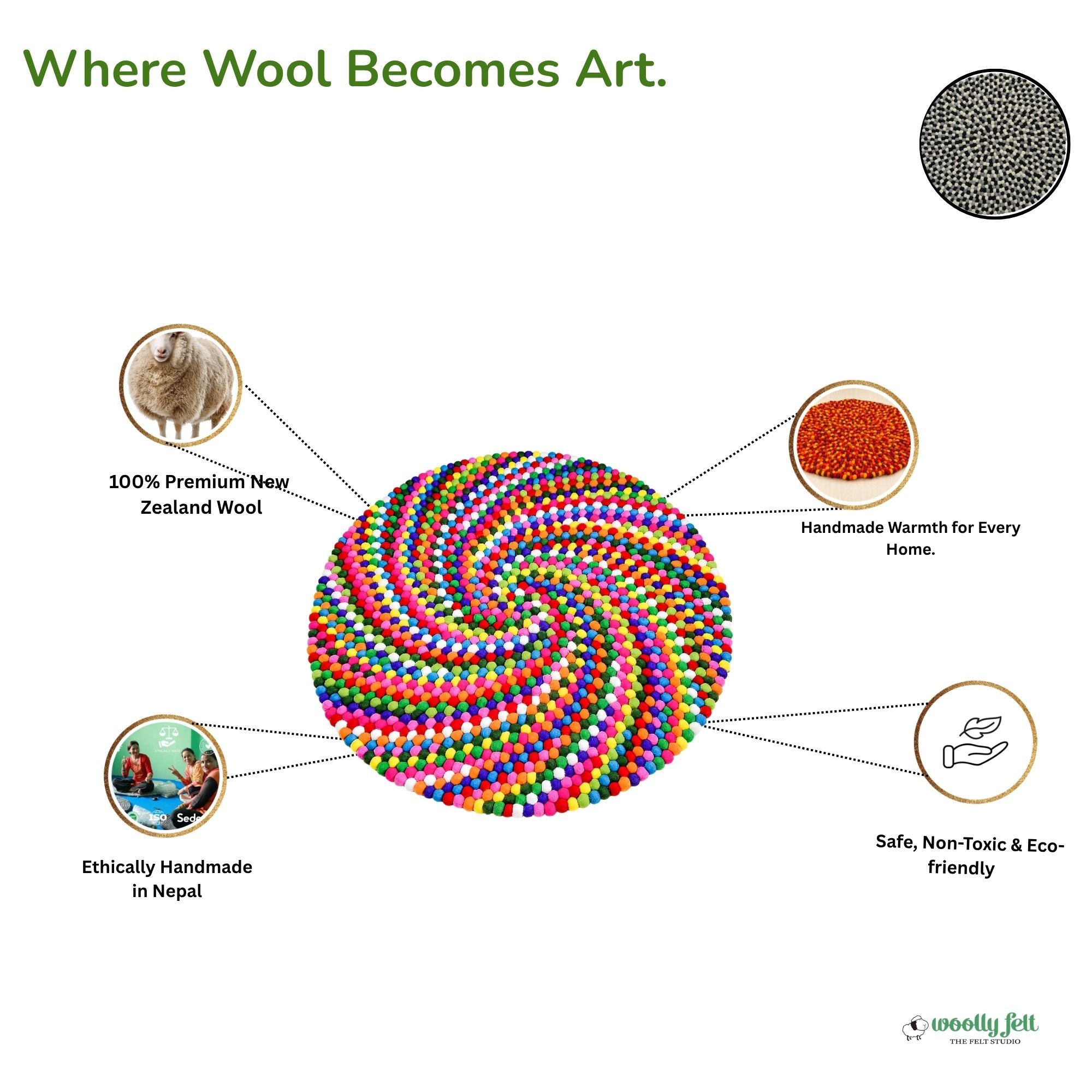 Handmade Rainbow Spiral Felt Ball Wool Round Area Rug