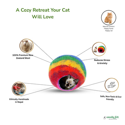 Rainbow Wool Felted Cat Cave – Cozy Pet Bed, Handmade in Nepal
