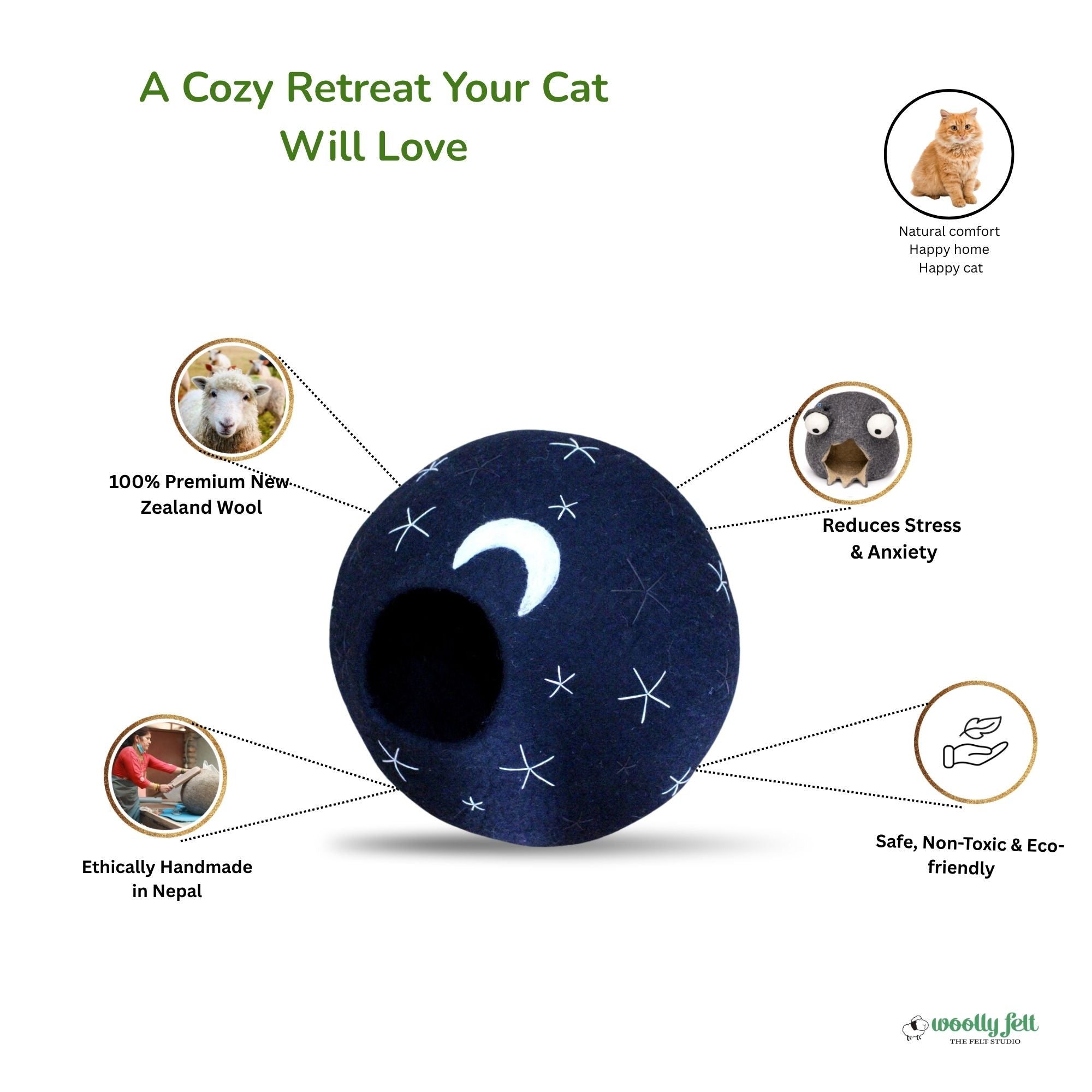 Star and Moon Felt Cat Cave Handmade Wool Cat Bed Cat Pod