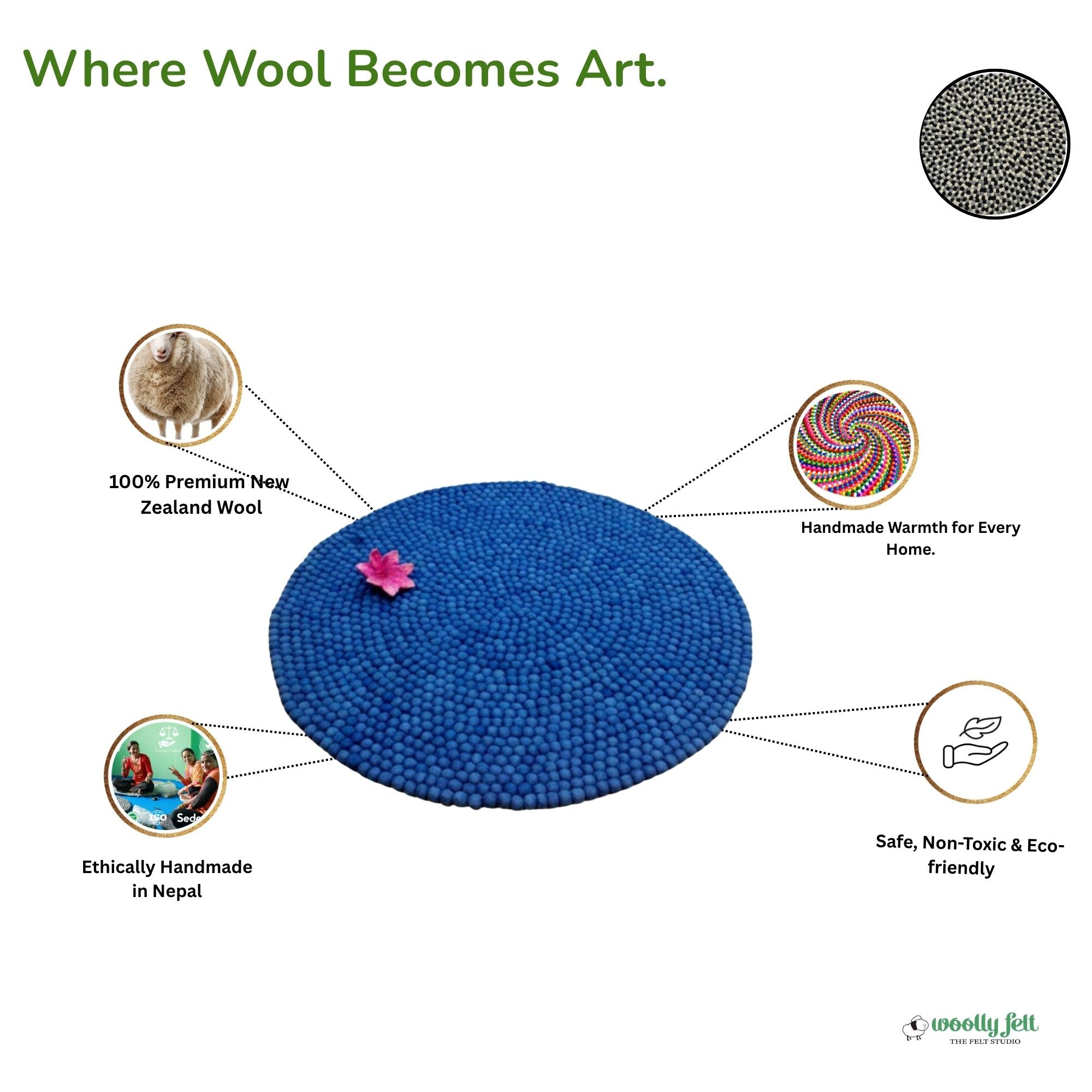 Handmade Navy Blue Wool Round Area Rug