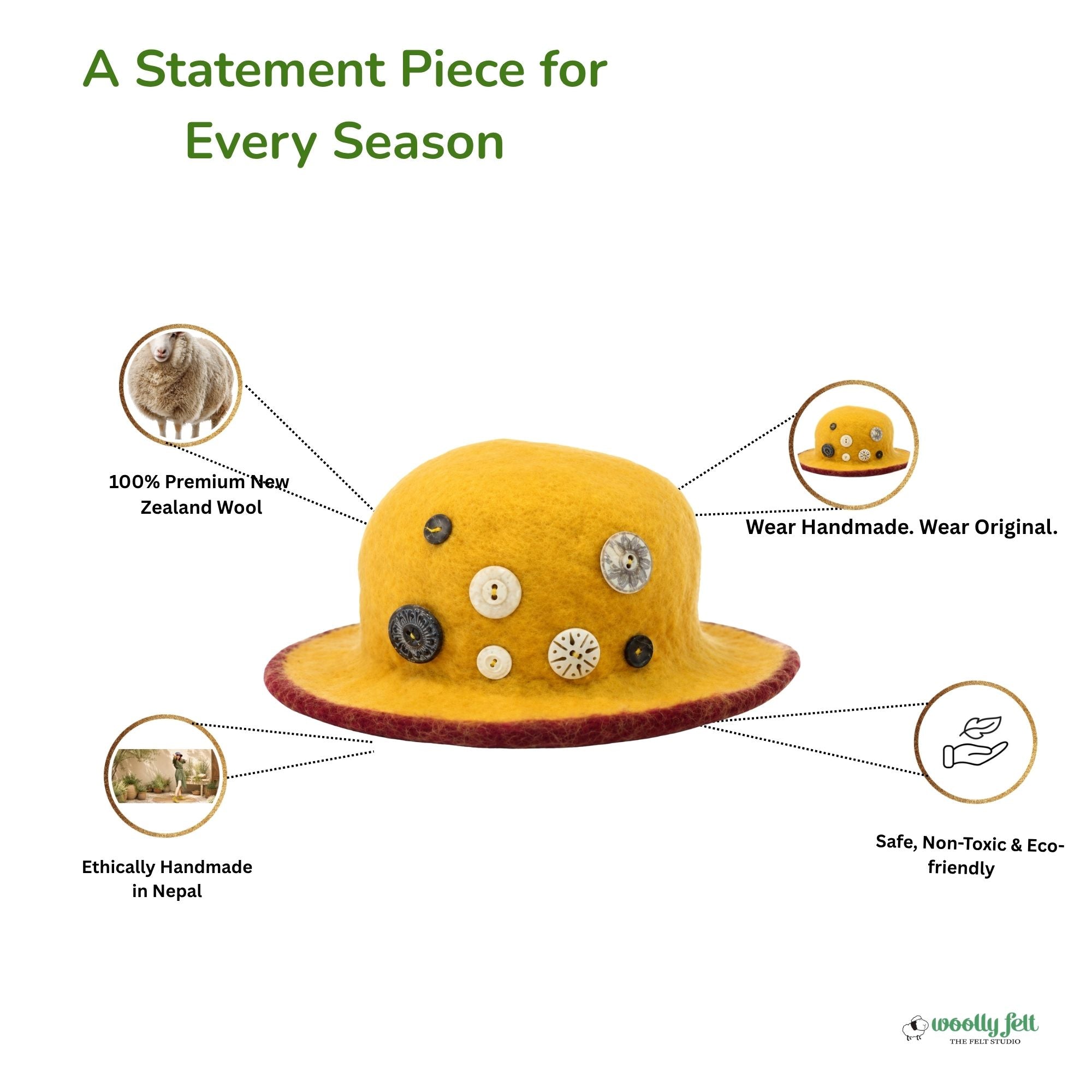 Yellow Cloche Wool Felt Hat with Button Detail