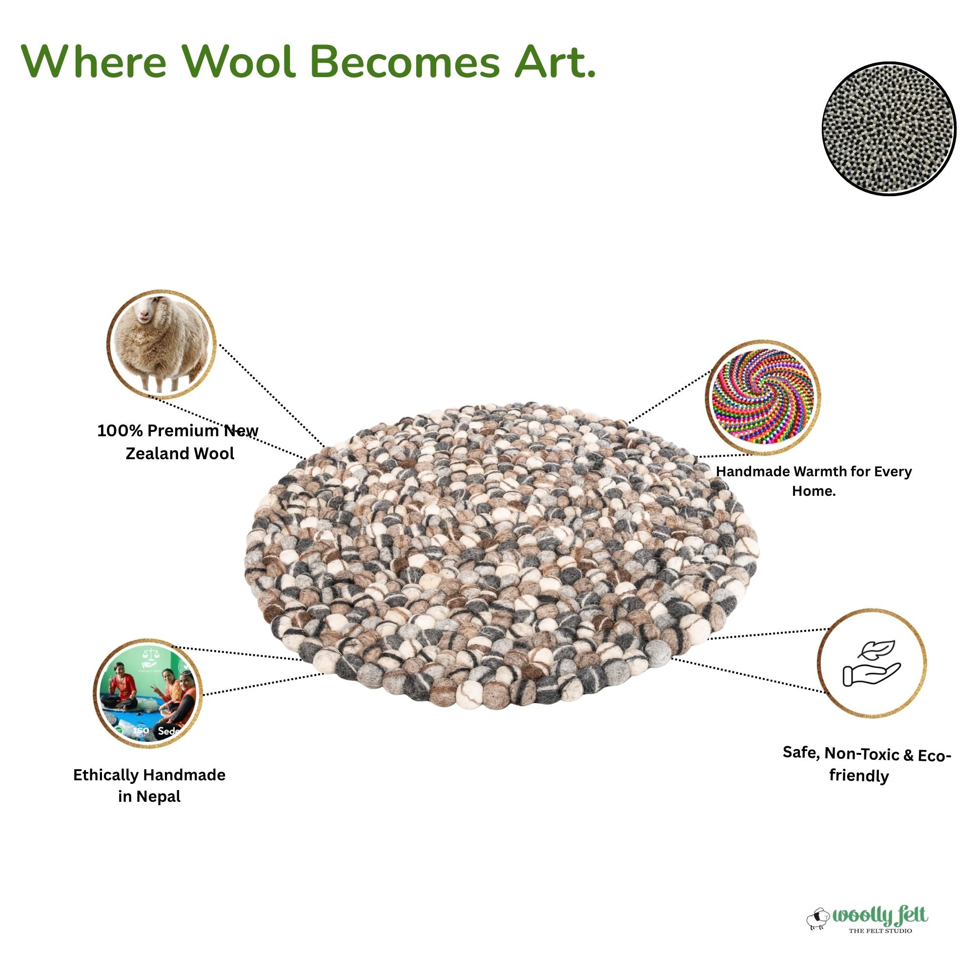 Handmade Pebble Design Felt Ball Wool Round Area Rug