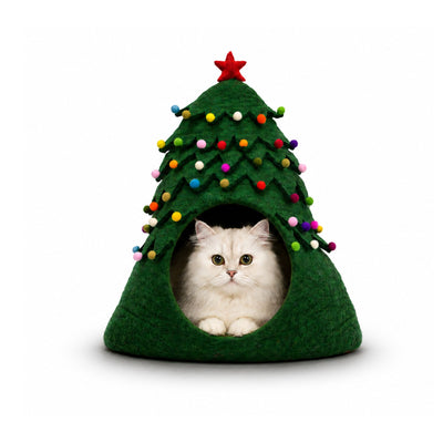 Niche pour Chat en Feutre Sapin de Noël, Lit pour Chat en Laine Fait Main