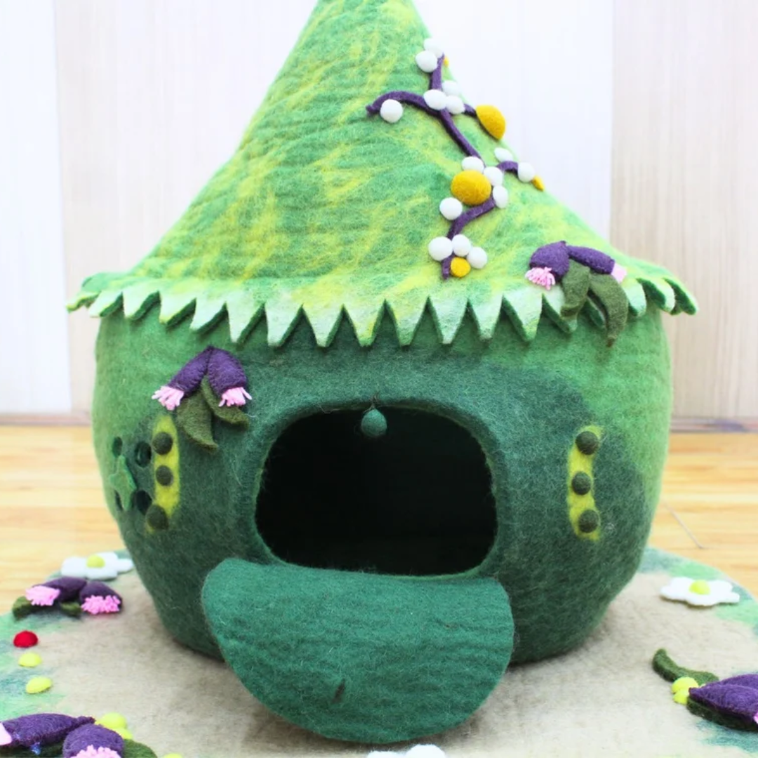 Green Berry Felt Cat Cave with Mat Handmade Wool Cat Bed
