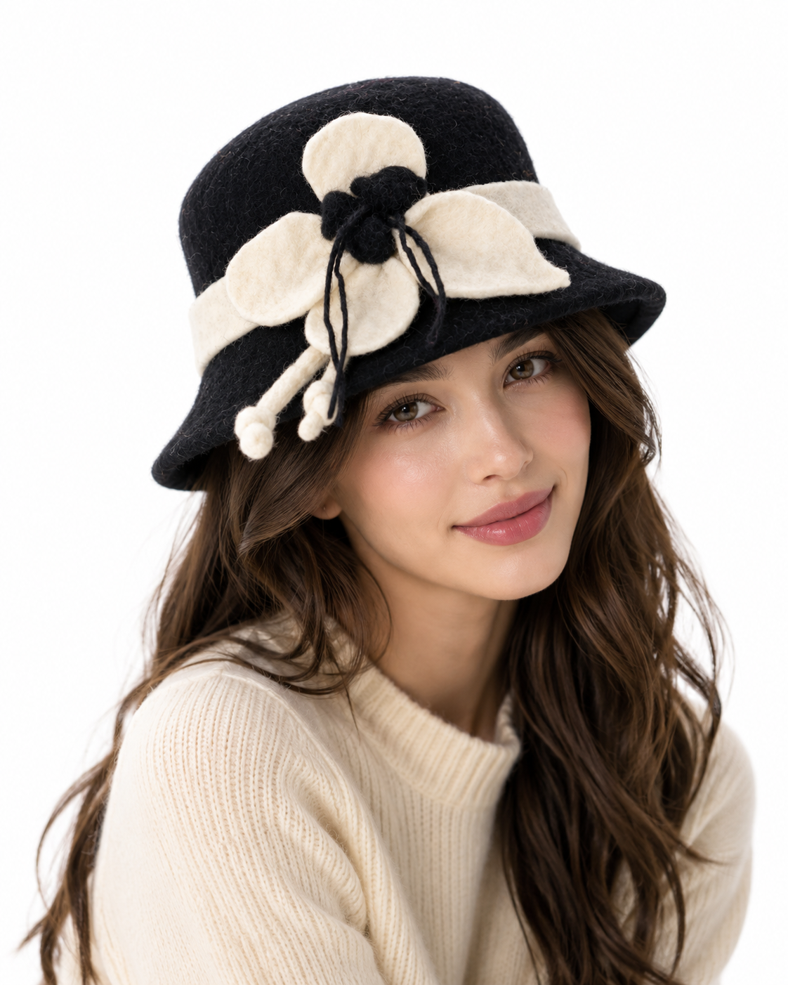 Black Floral Wool Felt Hat