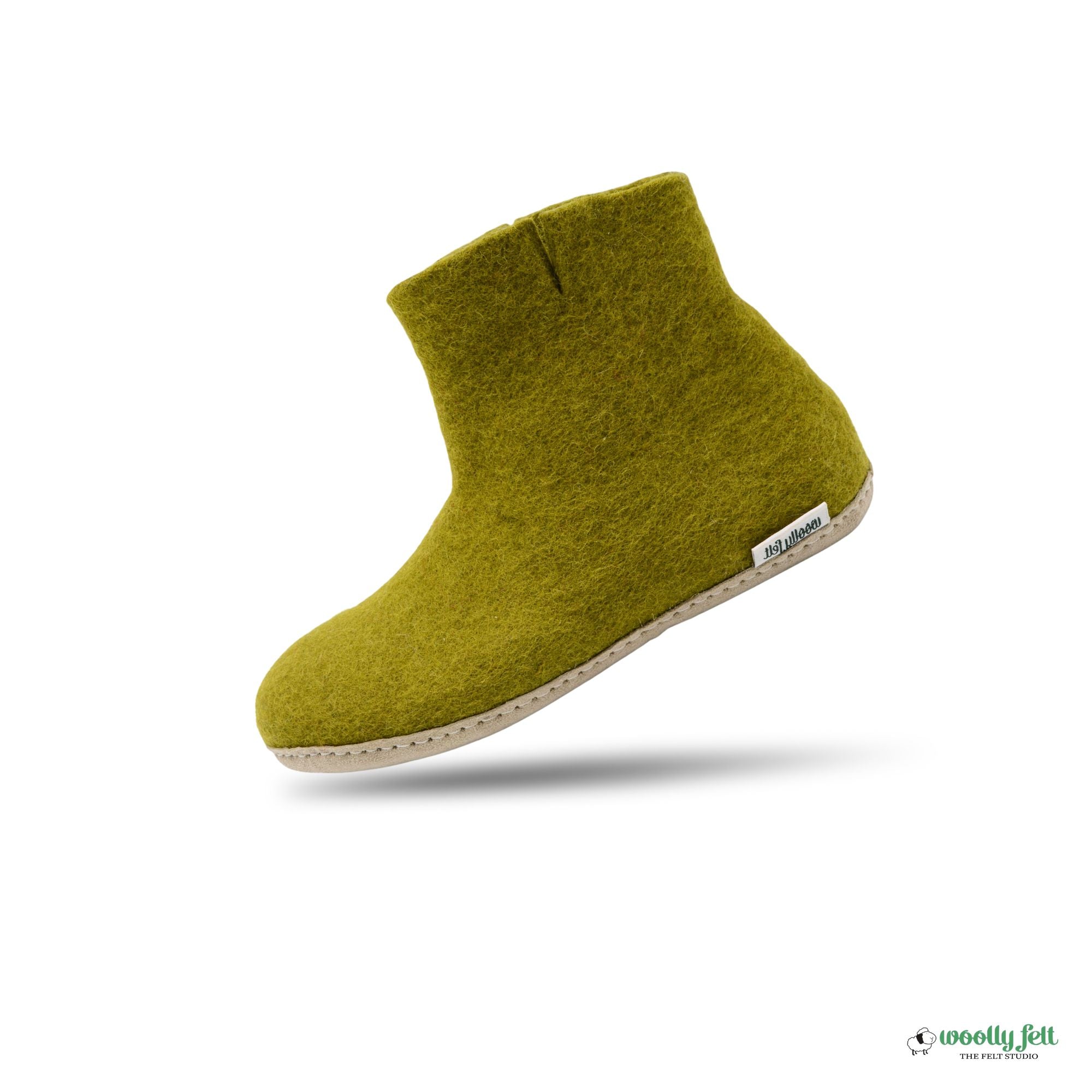 Olive Green Handmade Wool Felt Indoor Boot with Leather Sole