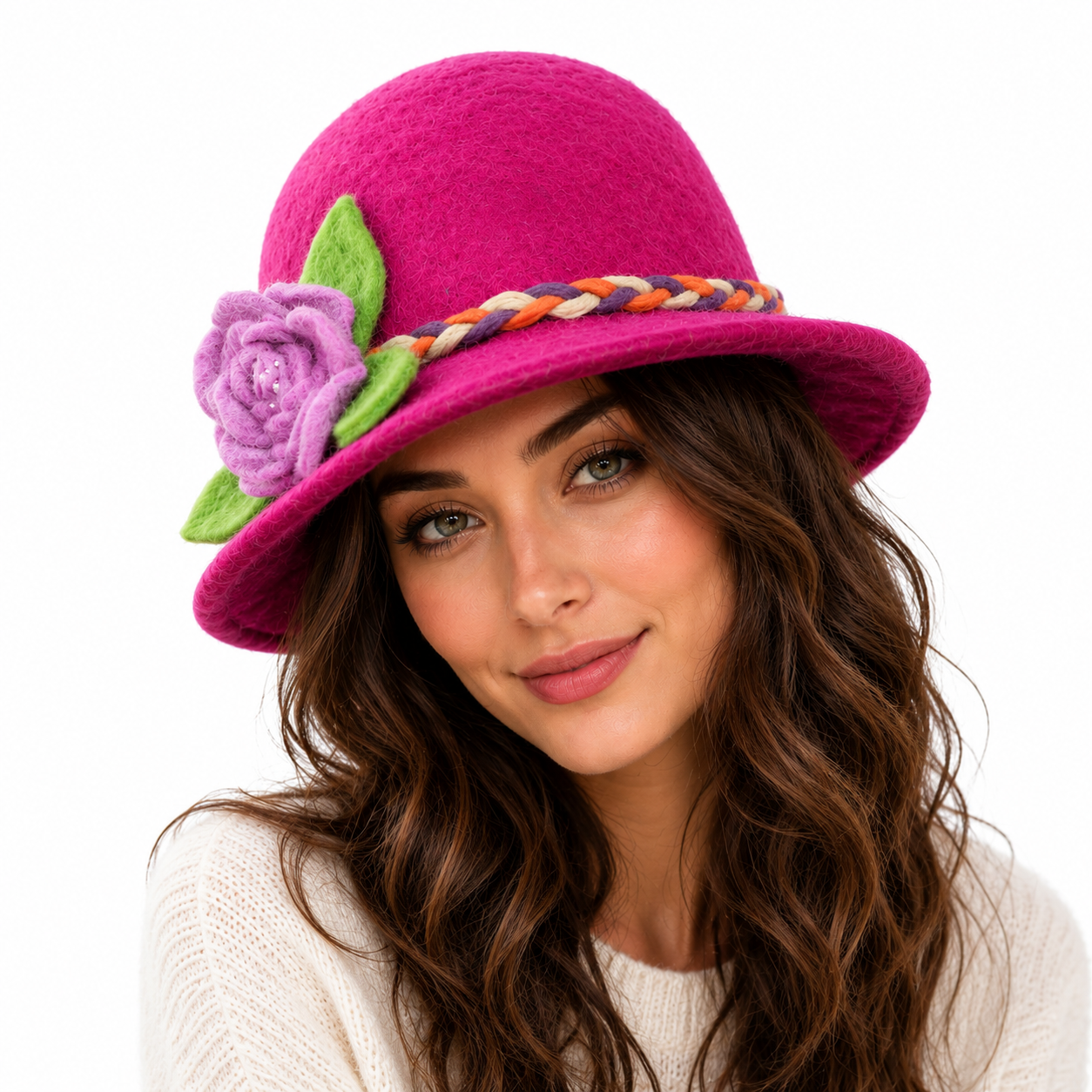 Unique Pink Wool Felt Hat with Flower Design