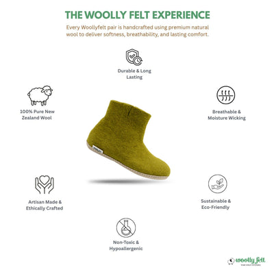 Olive Green Handmade Wool Felt Indoor Boot with Leather Sole