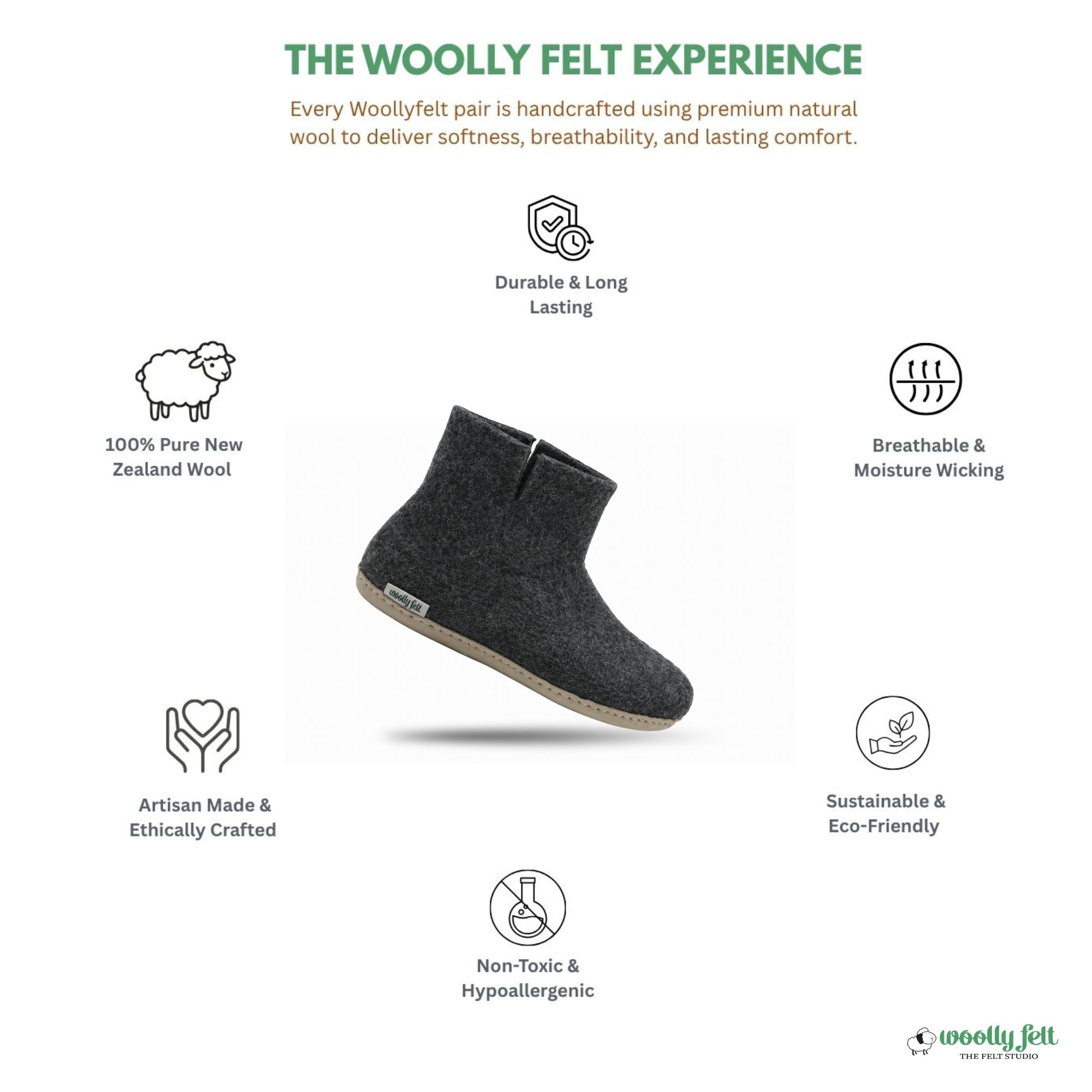 Charcoal Grey Handmade Wool Felt Indoor Boot with Leather Sole