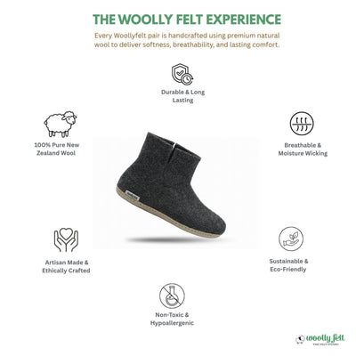 Charcoal Grey Handmade Wool Felt Indoor Boot with Leather Sole