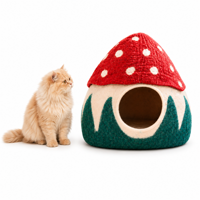 Niche pour chat en feutre champignon, lit pour chat en laine moderne fait main