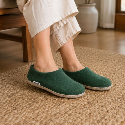Forest Green Handmade Wool Felt Indoor Shoes with Leather Sole