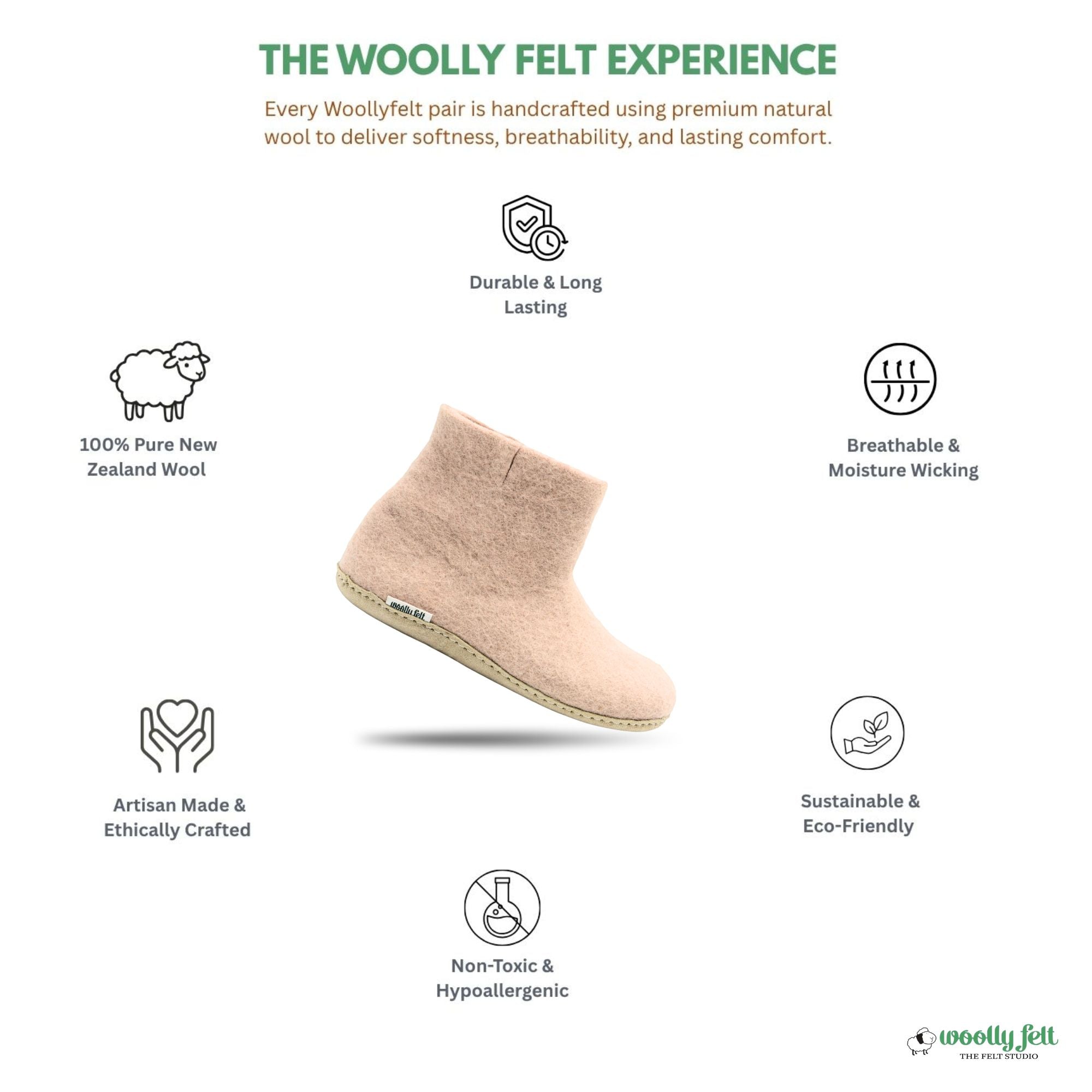 Rose Pink Handmade Wool Felt Indoor Boot with Leather Sole