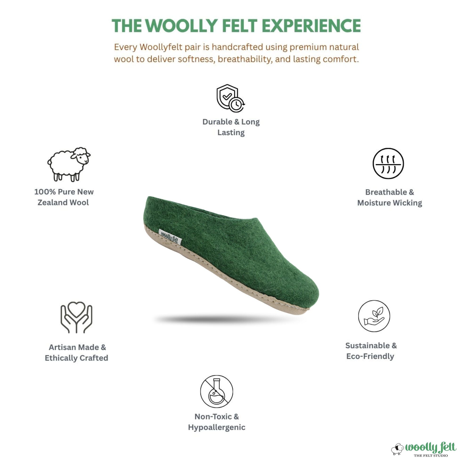Forest Green Handmade Wool Felt Indoor Slipper with Leather Sole