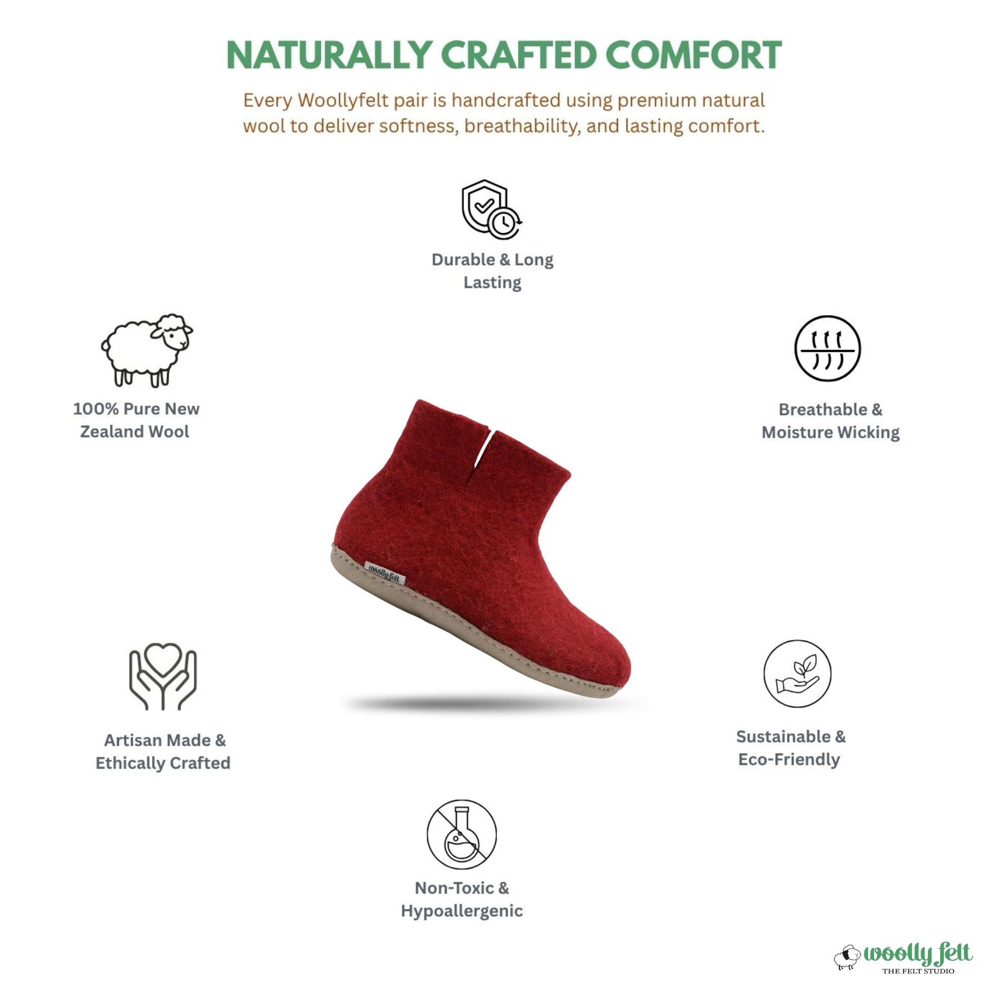 Maroon Handmade Wool Felt Indoor Boot with Leather Sole