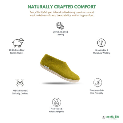 Olive Green Handmade Wool Felt Indoor Shoes with Leather Sole
