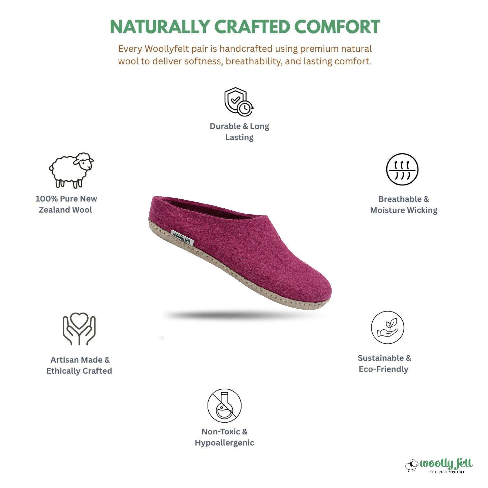 Hot Pink Handmade Wool Felt Indoor Slipper with Leather Sole