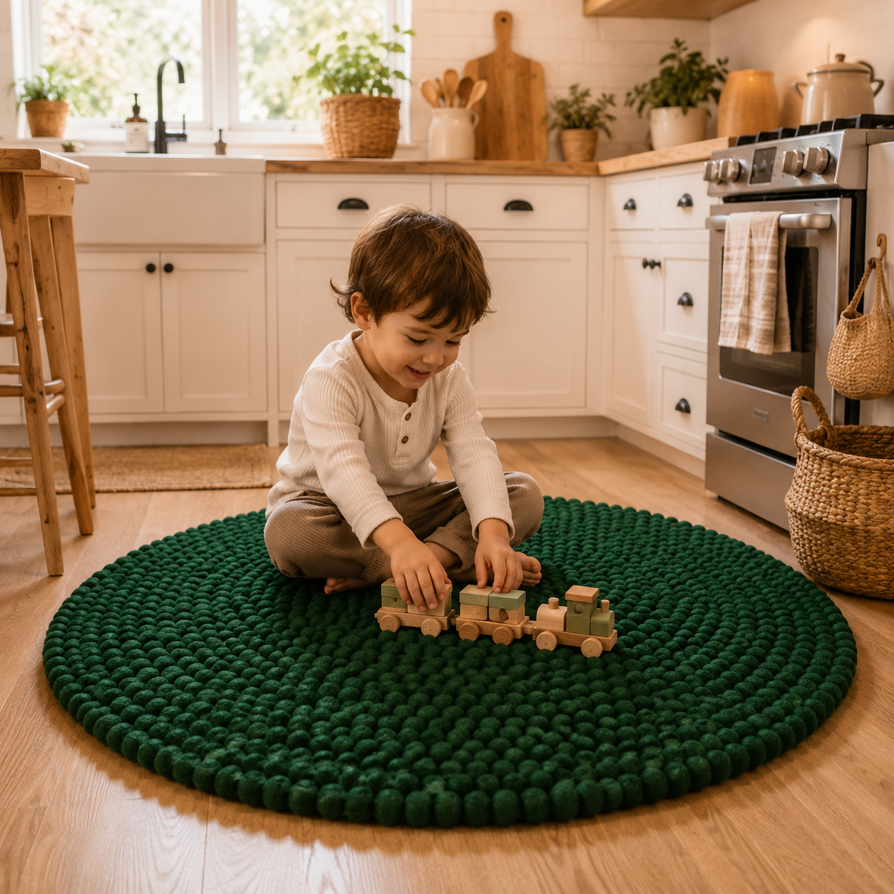 Handmade Green Felt Ball Wool Round Area Rug