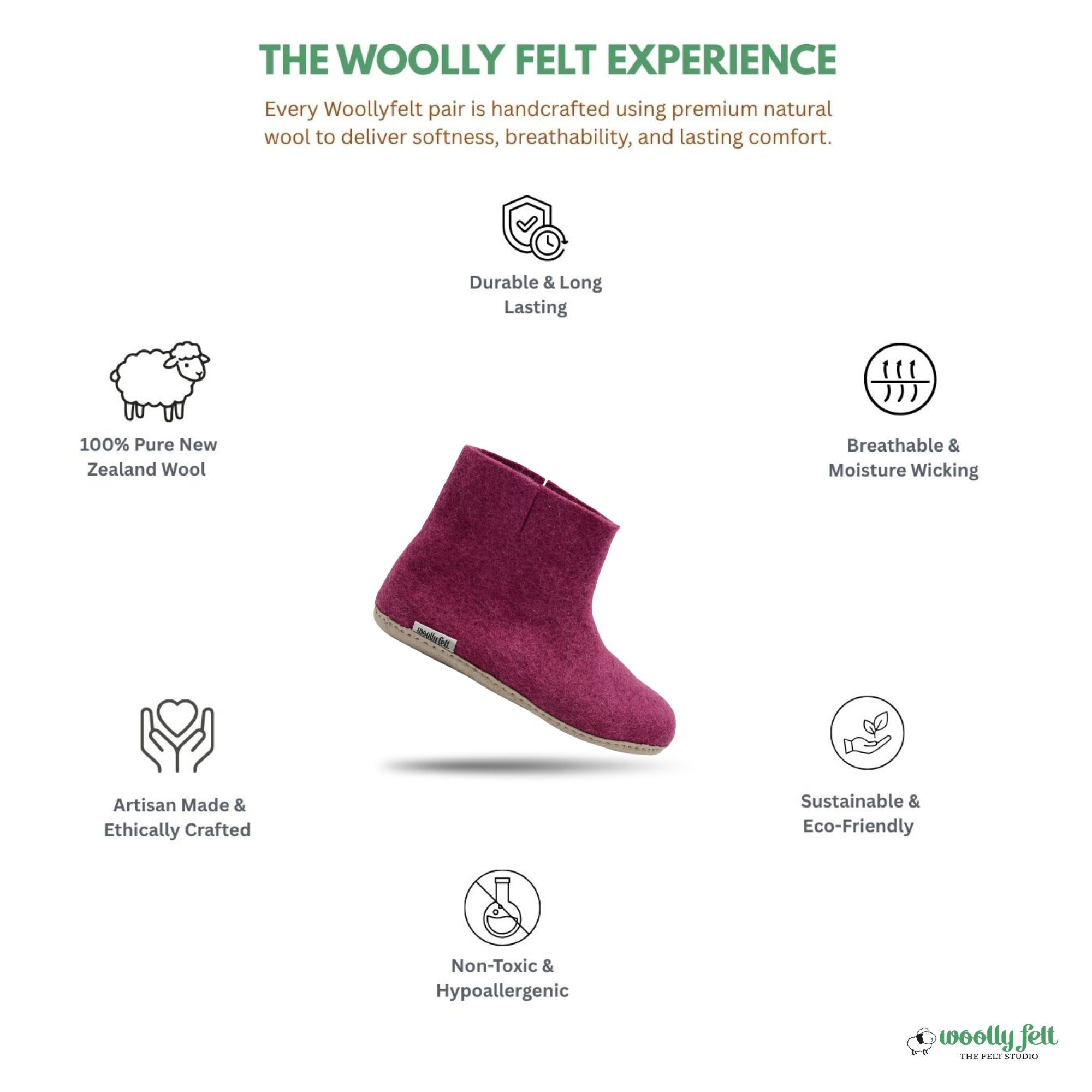 Hot Pink Handmade Wool Felt Indoor Boot with Leather Sole