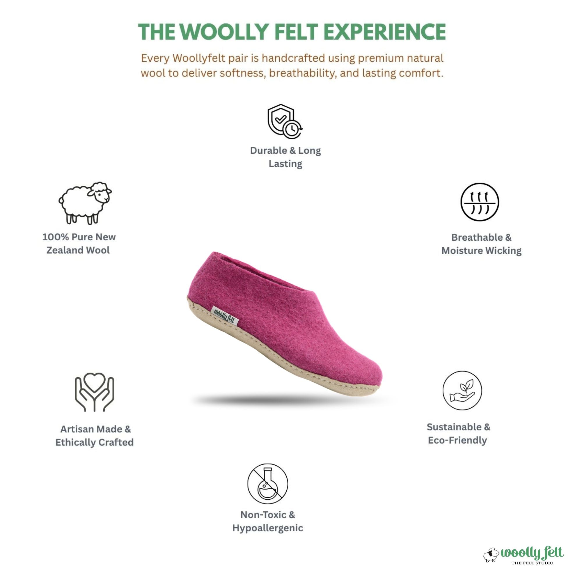 Hot Pink Handmade Wool Felt Indoor Shoes with Leather Sole