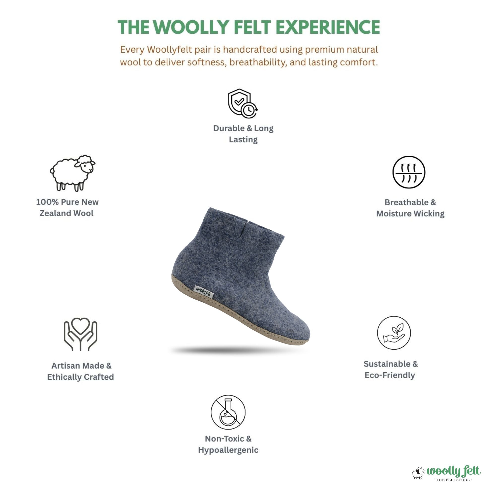 Denim Blue Handmade Wool Felt Indoor Boot with Leather Sole