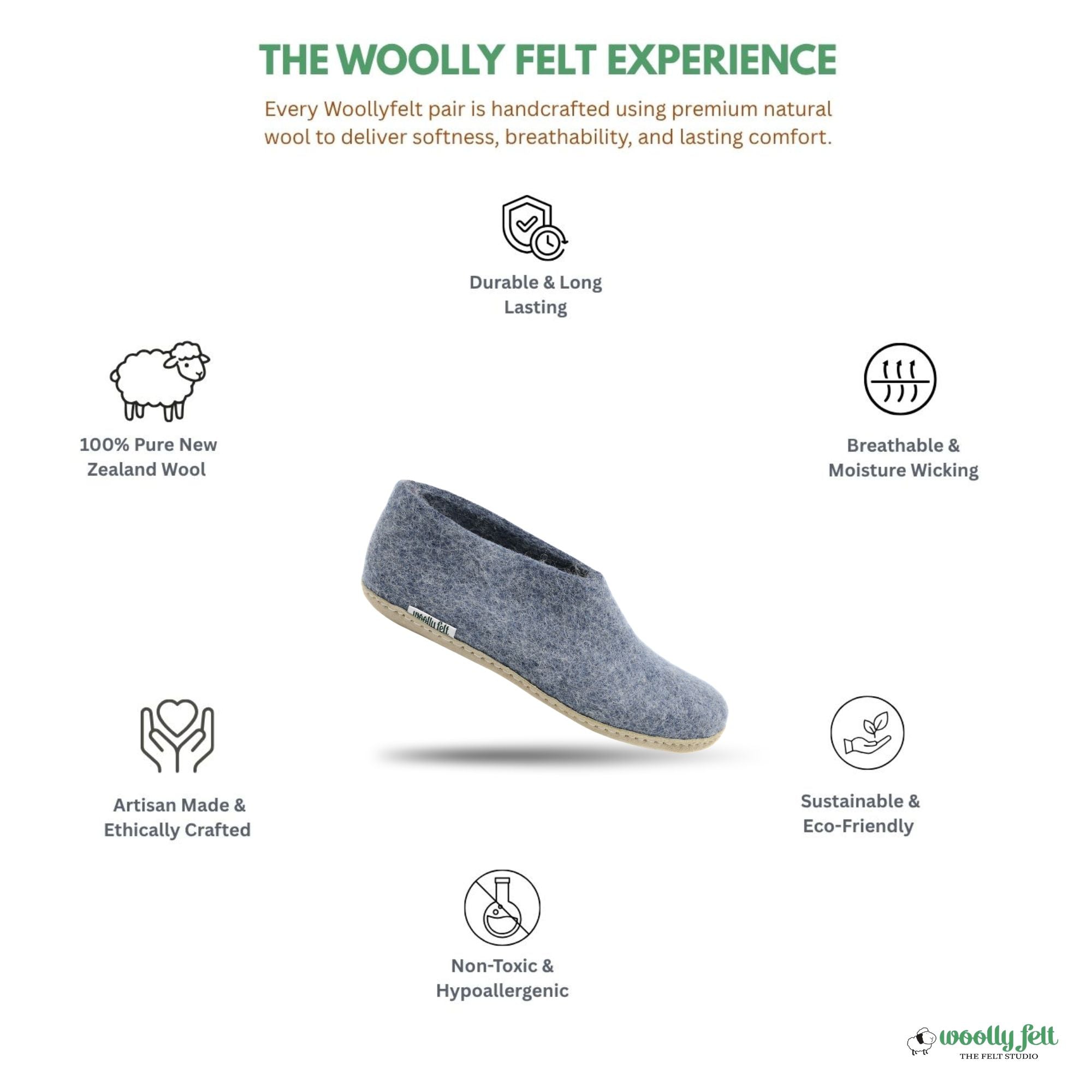 Denim Blue Handmade Wool Felt Indoor Shoes with Leather Sole