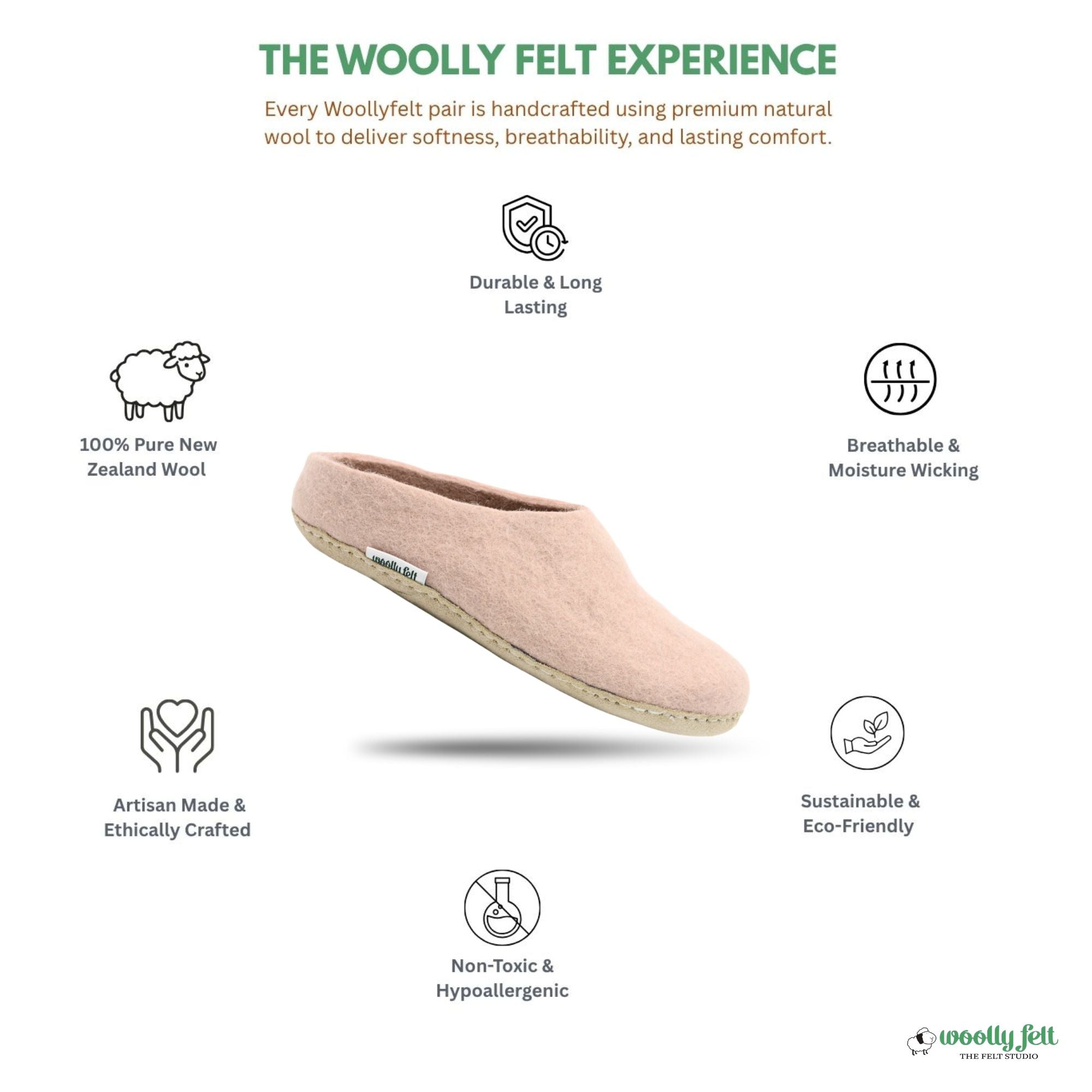 Rose Pink Handmade Wool Felt Indoor Slipper with Leather Sole